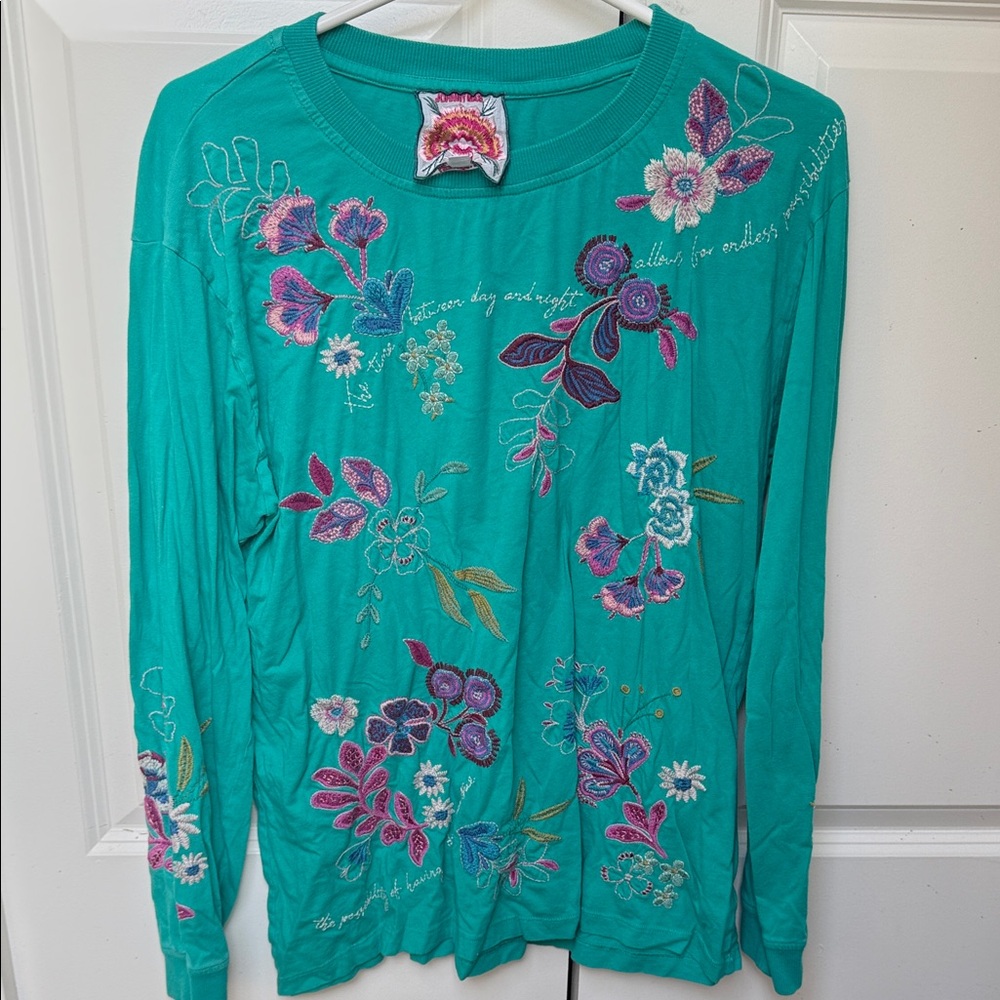 Johnny Was Teal Top with Floral Embroidery